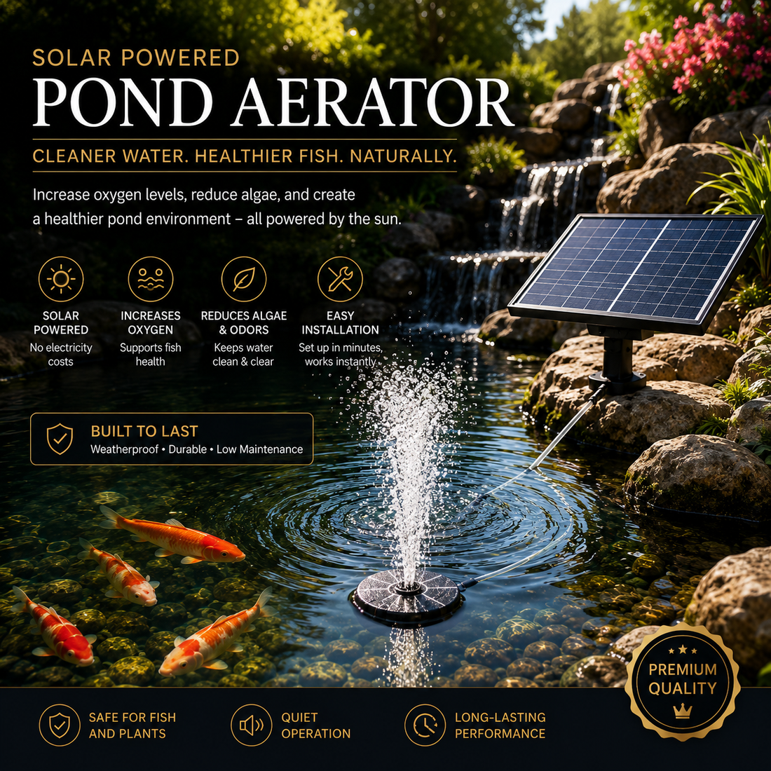 AquaVital solar pond aerator in a koi pond
